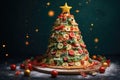 New Year\'s Eve and Christmas pizza concept background. Celebrating pizza in the form of a Christmas tree Royalty Free Stock Photo