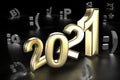 New Year`s Eve. emoticon letters 2021 on black background. Funny and smiley abstract card or a banner for socha; media. 3D