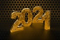 New Year`s Eve hive with bee on honey comb Shiny hexagonal gold number 2021 on a black background with bee