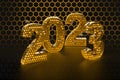 New Year`s Eve hive with bee on honey comb Shiny hexagonal gold number 2023 on a black background with bee