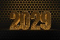 New Year`s Eve hive with bee on honey comb Shiny hexagonal gold number 2029 on a black background with bee