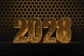 New Year`s Eve hive with bee on honey comb Shiny hexagonal gold number 2028 on a black background with bee