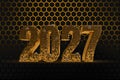 New Year`s Eve hive with bee on honey comb Shiny hexagonal gold number 2027 on a black background with bee