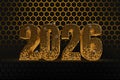 New Year`s Eve hive with bee on honey comb Shiny hexagonal gold number 2026 on a black background with bee
