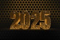 New Year`s Eve hive with bee on honey comb Shiny hexagonal gold number 2025 on a black background with bee