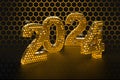 New Year`s Eve hive with bee on honey comb Shiny hexagonal gold number 2024 on a black background with bee