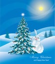 Happy New Year 2023. Festive card with Christmas tree and rabbit on the background of snowy winter nature Royalty Free Stock Photo