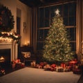 New Year's Eve outside the window of a cozy room with a beautiful Christmas tree furnished with toys