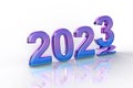 New Year`s Eve. Shiny purple and blue lettering 2023 on a white background