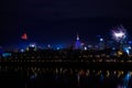 New Year`s fireworks show in Warsaw, Poland at night, view from the Vistula River Royalty Free Stock Photo