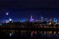 New Year`s fireworks show in Warsaw, Poland at night, view from the Vistula River Royalty Free Stock Photo