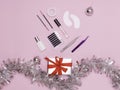 New year`s flatley. Tools for eyelash extension on a pink background, top view. Patches, artificial eyelashes, brushes, glue,