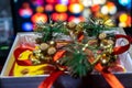New Years gift on the background of multi-colored blurred background. christmas present Royalty Free Stock Photo