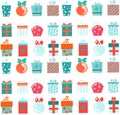 New Year's gift, many different boxes on a green background. Pattern for packaging design or postcards.