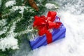 New Year`s gift with a red bow on the background of the Christmas tree and snow Royalty Free Stock Photo