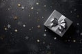 New Year\'s gift. Silver gift on a dark background, background with copy space on the left. AI generative