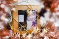 New year`s gifts in packs and boxes of different colors. Brilliant compositions among jars and cardboard surprises.