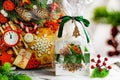 New year`s gifts in packs and boxes of different colors. Brilliant compositions among jars and cardboard surprises.