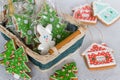 New Year`s gingerbread decorated with icing in a basket. Christmas homemade gingerbread cookie in a wicker basket