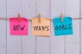 New Year`s Goals text on colorful paper note hanging with clothespin Royalty Free Stock Photo