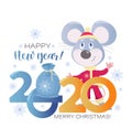 New Year`s greetings. Little mouse Santa Claus and a bag of gifts.