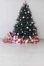 New Year`s Happy Christmas Tree decor presents interior postcard Royalty Free Stock Photo