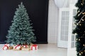 New Year`s Happy Christmas Tree decor presents interior postcard Royalty Free Stock Photo