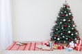 New Year`s Happy Christmas Tree decor presents interior postcard Royalty Free Stock Photo