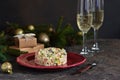 New Year`s holiday salad with crab and corn on the table. Horizontal focus