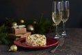 New Year`s holiday salad with crab and corn on the table. Horizontal focus Royalty Free Stock Photo