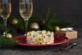 New Year`s holiday salad with crab and corn on the table. Horizontal focus Royalty Free Stock Photo
