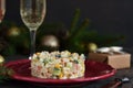 New Year`s holiday salad with crab and corn on the table. Royalty Free Stock Photo