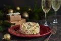 New Year`s holiday salad with crab and corn on the table. Royalty Free Stock Photo
