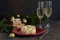 New Year`s holiday salad with crab and corn on the table. Royalty Free Stock Photo