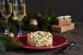 New Year`s holiday salad with crab and corn on the table.