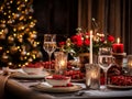 New Year\'s home furnishings, table setting, candle, New Year tree