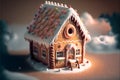 New Year's house made of gingerbread decorated with white confectionery mastic in the form of snow.