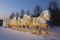 New year`s installation in the Museum-reserve `Tsaritsyno`. Fabulous glowing coach, drawn by six horses glowing