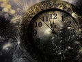 new Year& x27;s at midnight - clock at twelve o& x27;clock with holiday lights and fireworks Royalty Free Stock Photo