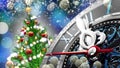 New Year`s at midnight - Old clock with stars snowflakes and holiday lights. Royalty Free Stock Photo