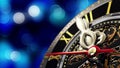 New Year`s at midnight - Old clock with stars snowflakes and holiday lights. Royalty Free Stock Photo