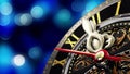 New Year`s at midnight - Old clock with stars snowflakes and holiday lights. Royalty Free Stock Photo