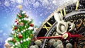 New Year`s at midnight - Old clock with stars snowflakes and holiday lights. Royalty Free Stock Photo