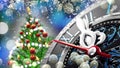 New Year`s at midnight - Old clock with stars snowflakes and holiday lights. Royalty Free Stock Photo