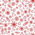 New Year`s pattern with the image of snowflakes, stars, comets, crackers, hearts, Christmas candies. Seamless vector