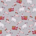 New Year`s pattern with the symbol of the New Year`s bull, Santa, snowman and gifts. New Year`s and Christmas.