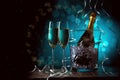 New Year's photo of two glasses, buckets of ice and bottle of wine on background with blue fire Royalty Free Stock Photo