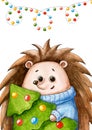 New year`s postcard with hedgehog. Christmas and new year. Watercolor cartoon animal. Cute character. Hand drawn illustration.