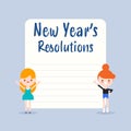 New year`s resolutions. Cheerful kids cartoon with blank white board illustration in flat design style Royalty Free Stock Photo