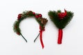 A New Year& x27;s rim in the shape of red elk ears is isolated on a white background.Home decoration for the New Year